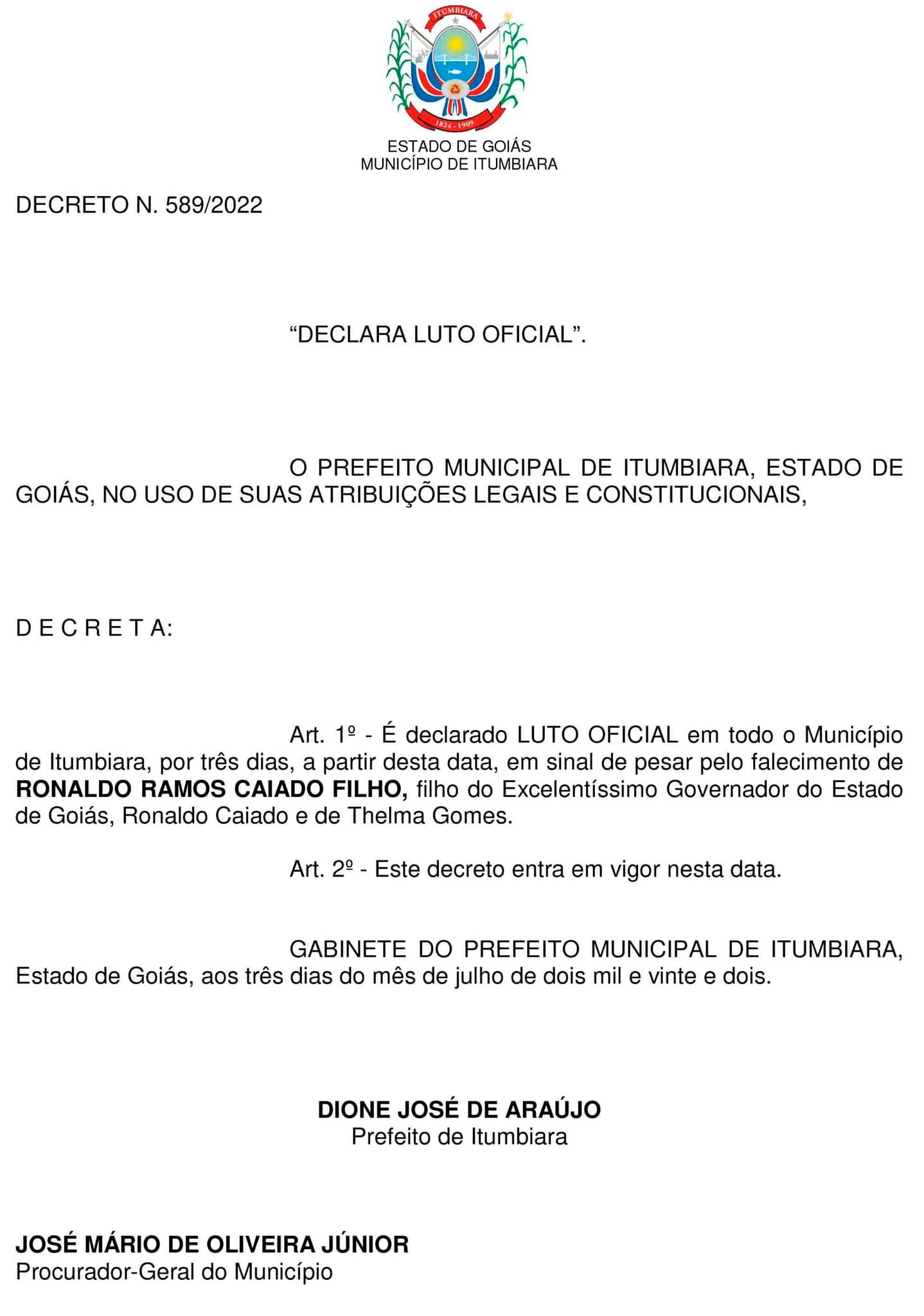 Governador Ronaldo Caiado decreta luto oficial de três dias pela